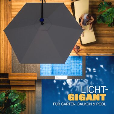 Парасолька для саду Kingsleeve 300 см з LED-підсвіткою, сонячною батареєю, UV 80+, антрацит, для тераси та балкону, з чохлом і стійкою