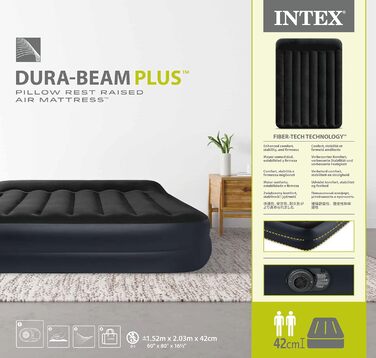 Надувне ліжко Intex Queen Pillow Rest Raised з подушкою, Fiber-Tech, 152x203x42 см, чорне/синє