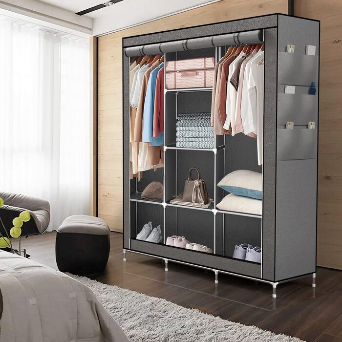 Складана текстильна шафа INTIRILIFE 130x175x45 см, сірий, з блискавкою, полицями, штангою та кишенею — шафа для одягу для дому й кемпінгу