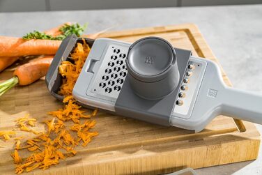 Терка кухонна ZWILLING Z-Cut, багатофункціональна, нержавіюча сталь, 4 змінні насадки, двостороннє натирання, з лотком, сіра