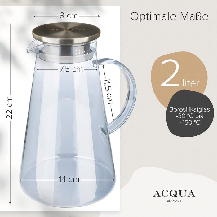 Скляний глечик ACQUA DI AMALFI 2 л з фруктовим вставкою, кришкою з нержавіючої сталі та бамбука, синій, герметичний, для води і чаю