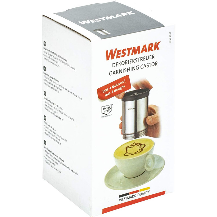 Декоратор для какао Westmark з нержавіючої сталі, 250 мл, 4 трафарети для капучино, сріблястий