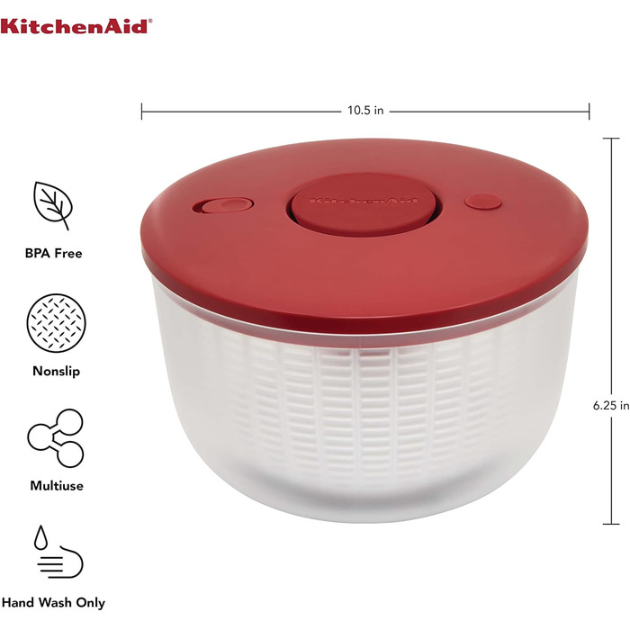 Сушарка для салату KitchenAid KQ308OSERA універсальна з від'ємним ситом, одноручним помповим механізмом, велика чаша з нековзною основою, пластик, червона Empire