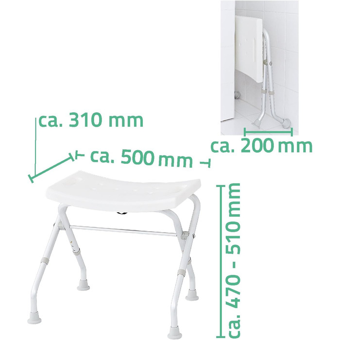Складаний білий стілець для ванної RIDDER Assistent, 57x32x47-51 см