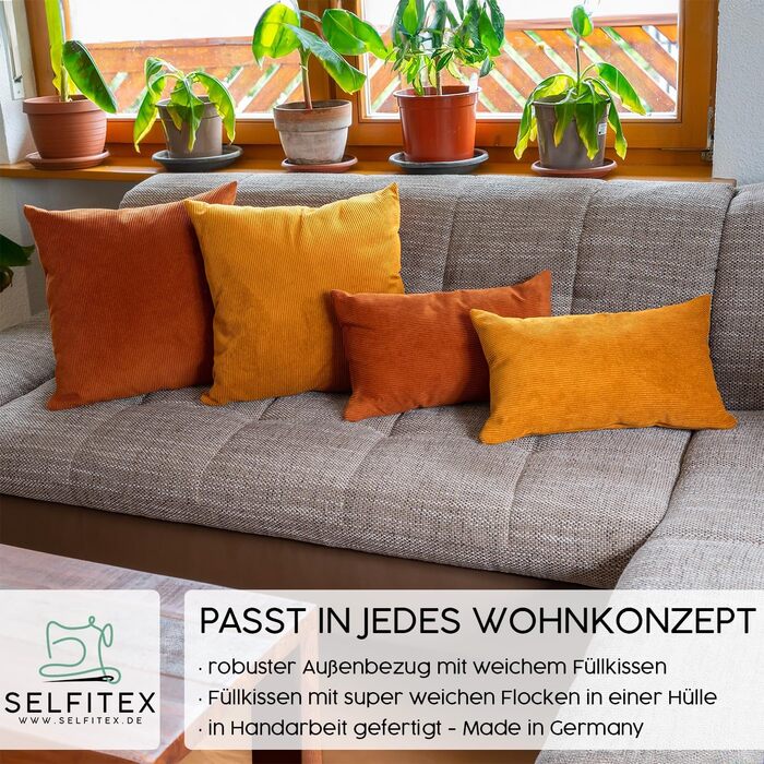 Набір з 4-х велюрових кордових подушок Selfitex Granada 2x 50x50 см + 2x 30x50 см, з наповнювачем, декоративні диванні подушки, м'які, модний дизайн, комплект для дивану