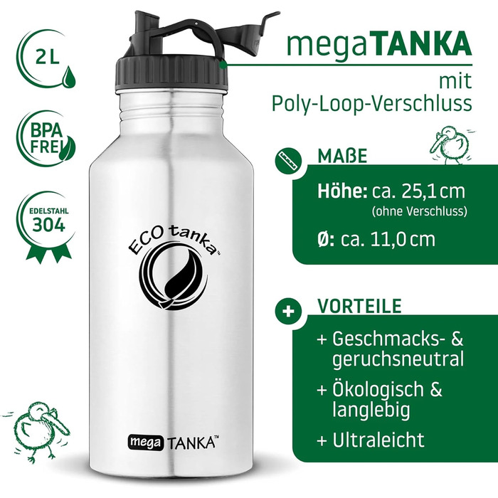 Еко-пляшка ECOtanka 2,0 л з нержавіючої сталі, герметична, BPA Free, для спорту та фітнесу