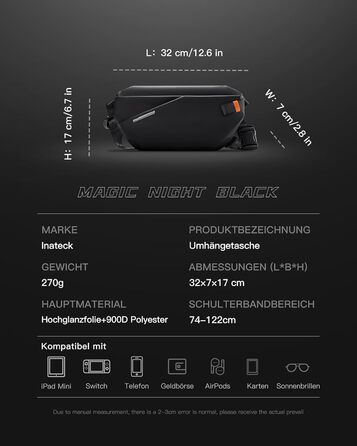 Чоловіча слінг-сумка Inateck X-Lite 3,8 л — легка наплічна та поясна сумка-кросбоді для подорожей, велоспорту, роботи, спорту і походів