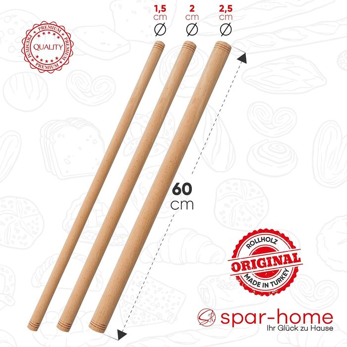 Турецька качалка spar-home з букового дерева, 60 см, набір 3 шт, ручна робота, традиційна качалка для тіста Oklava
