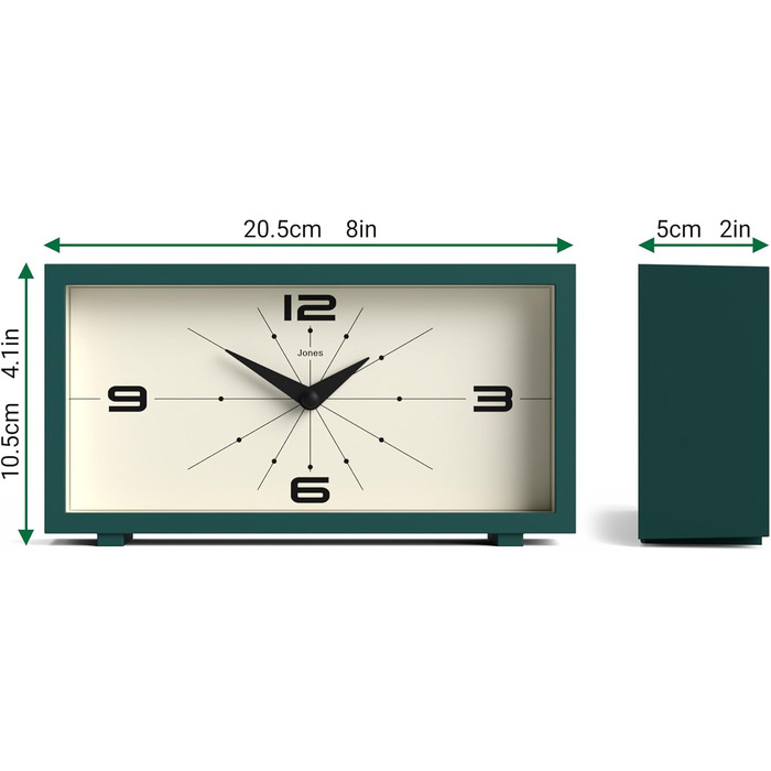 Настільний годинник JONES CLOCKS Odeon, сучасний прямокутний ретро-дизайн, зелений, для столу, полиці, каміна чи тумбочки