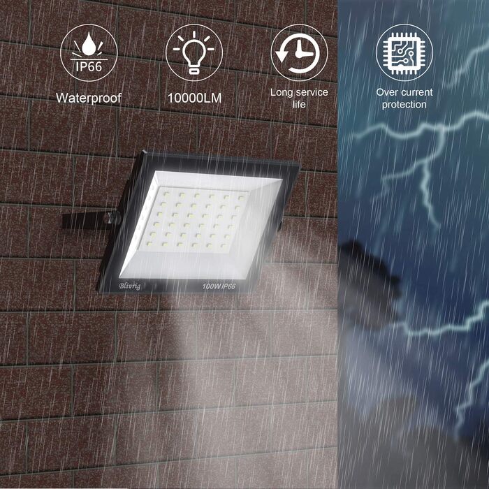 LED прожектор Blivrig 100W тепле світло 3000K, для вулиці, IP66 водонепроникний, 10000 лм, суперяскравий, для саду, гаража, двору