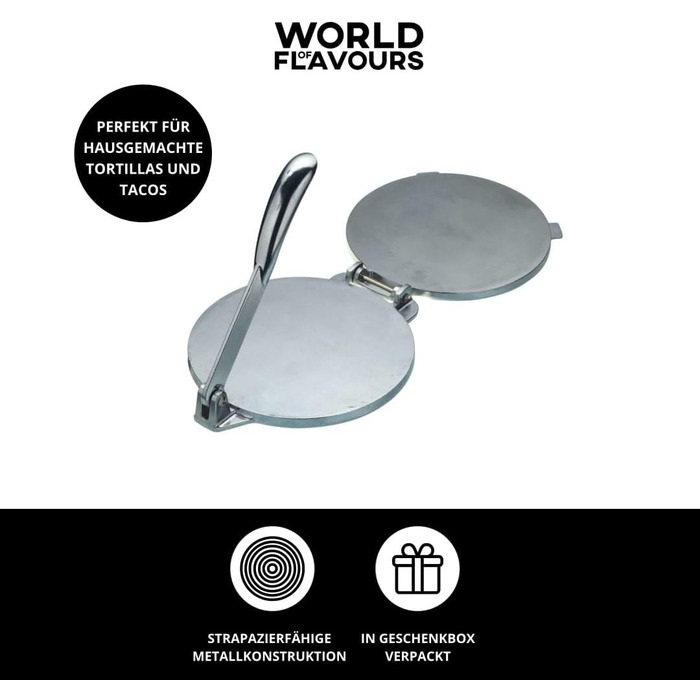 Прес для тортильї KitchenCraft World of Flavours, алюмінієвий, 20×20×9 см, сріблястий, у подарунковій коробці