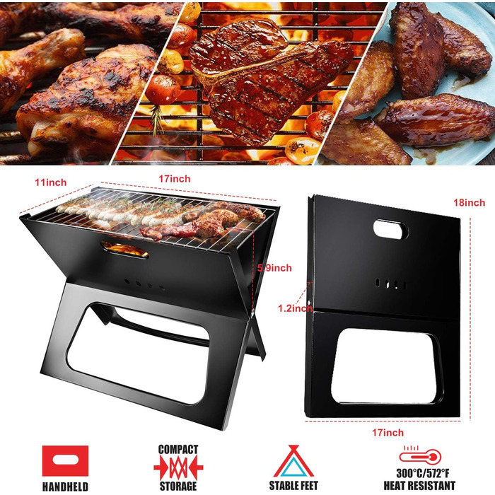 Портативний вугільний гриль moclever, складаний та компактний BBQ гриль з великою робочою поверхнею для кемпінгу, подорожей, саду та відпочинку на природі