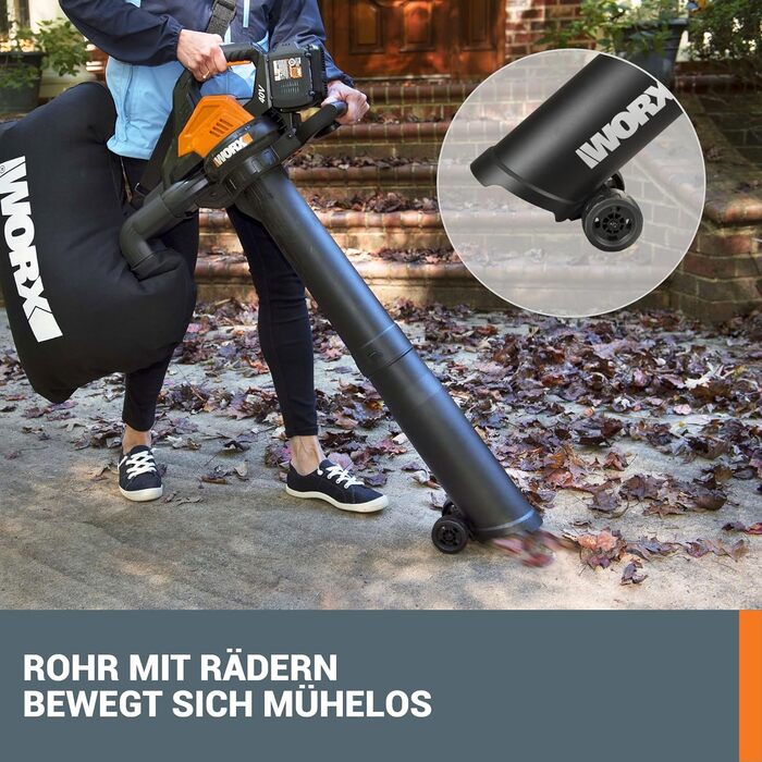 Акумуляторний повітродув та пилосос WORX WG583E.9 40В (2x20В), 2-в-1 для збору та всмоктування листя, мішок 35 л, без акумулятора і зарядного, чорний/помаранчевий