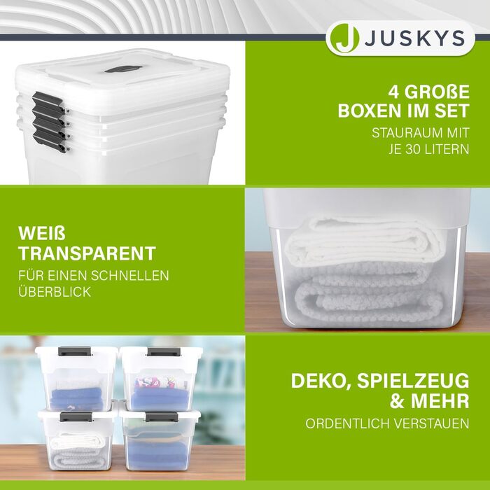 Набір пластикових контейнерів Juskys з кришкою, 4 шт по 45 л, прозорі, великі, штабельовані — органайзери для зберігання