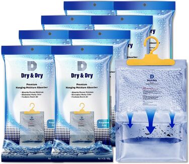 Преміум вологопоглиначі Dry & 8 шт. (14 унцій/шт) для підвалу, шаф, ванної, пральні – ультра потужний засіб від зайвої вологи, підвісний, поглинач вологи