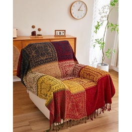Покривало AIVIA Boho для дивана і ліжка, велике, азтецький гіпі стиль, червоний/зелений/жовтий, 221x262 см, захисний чохол на меблі, декоративна накидка