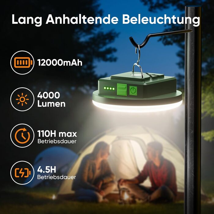 LED кемпінг-ліхтар Eventek 12000mAh, 4000LM, водонепроникний IPX5, 4 режими, магніт, акумуляторний, для намету, походів, аварій