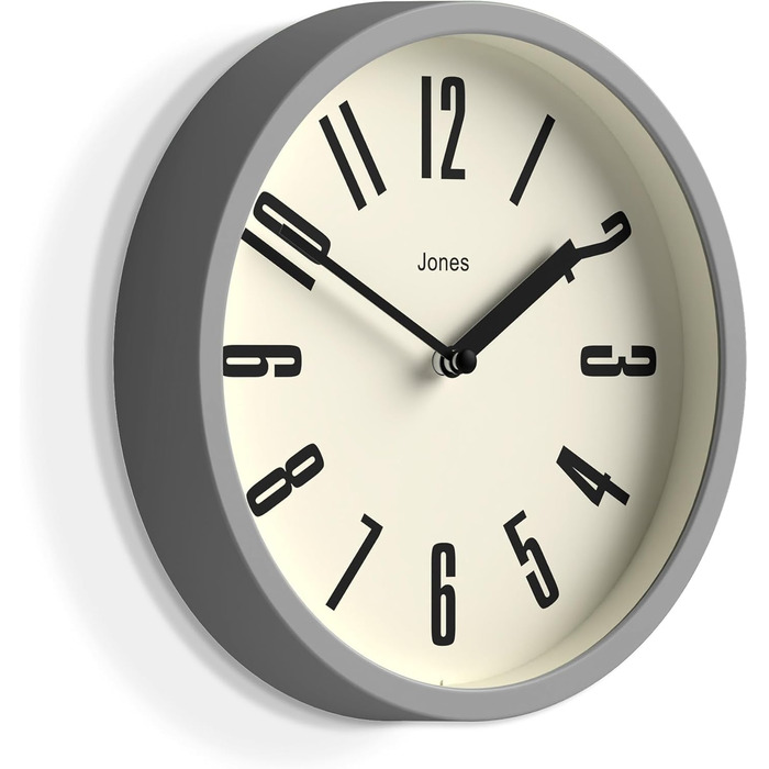 Настінний годинник JONES CLOCKS® для ванної та кухні, ретро, круглий, 20 см, сірий, великі цифри, для офісу, дитячої, маленьких приміщень