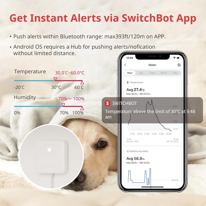 Цифровий термометр-гігрометр SwitchBot для дому з Bluetooth, датчик температури та вологості, вимірювач точки роси/VPD/абсолютної вологості, моніторинг через додаток, комплект із хабом mini
