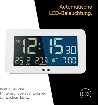 Цифровий годинник Braun BC10W з датою, місяцем і температурою, негативний LCD-дисплей, швидке налаштування та наростаючий сигнал, білий