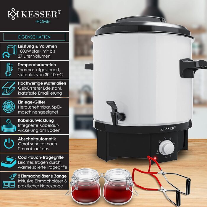 Автомат для консервування KESSER 27 л, нерж. сталь, 1800 Вт, 30-100°C, з функцією постійної роботи та автоотключення, для напоїв і глінтвейну, із щипцями та 2 банками