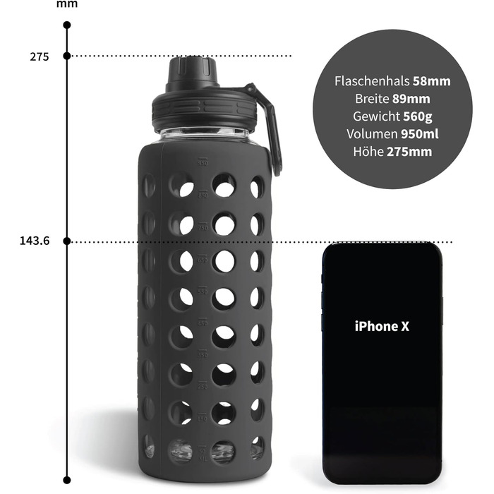 Скляна пляшка для води з силіконовим чохлом Onyx Black 950 мл, герметична, BPA-free, придатна для миття в посудомийній машині, 2 змінні кришки, для офісу, спорту, фітнесу та йоги