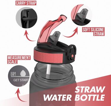 Пляшка для води 1 л BPA Free із соломинкою та часовими мітками, для велосипеда, спорту, школи та активного відпочинку, підходить для газованих напоїв, сіра та червона