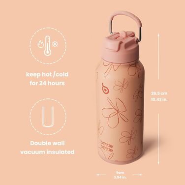 Термобутилка з нержавіючої сталі 1 л із трубочкою BOTTLE BOTTLE, герметична, для спорту та фітнесу, з відділенням для таблеток, BPA-free, подвійні стінки, жовті квіти