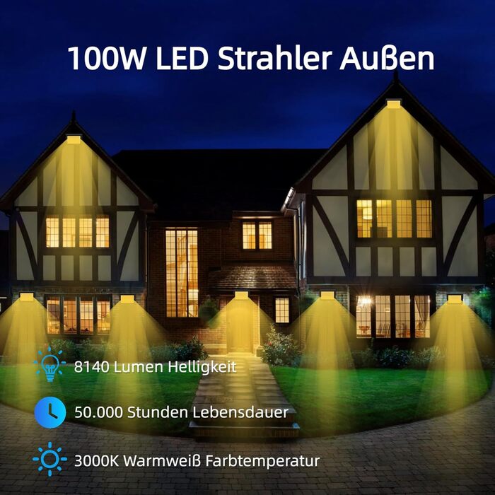 Комплект із 2 LED прожекторів 100W, 8140Лм, тепле біле світло 3000K, IP66, водонепроникні, для вулиці, двору, гаража, під'їзду, саду
