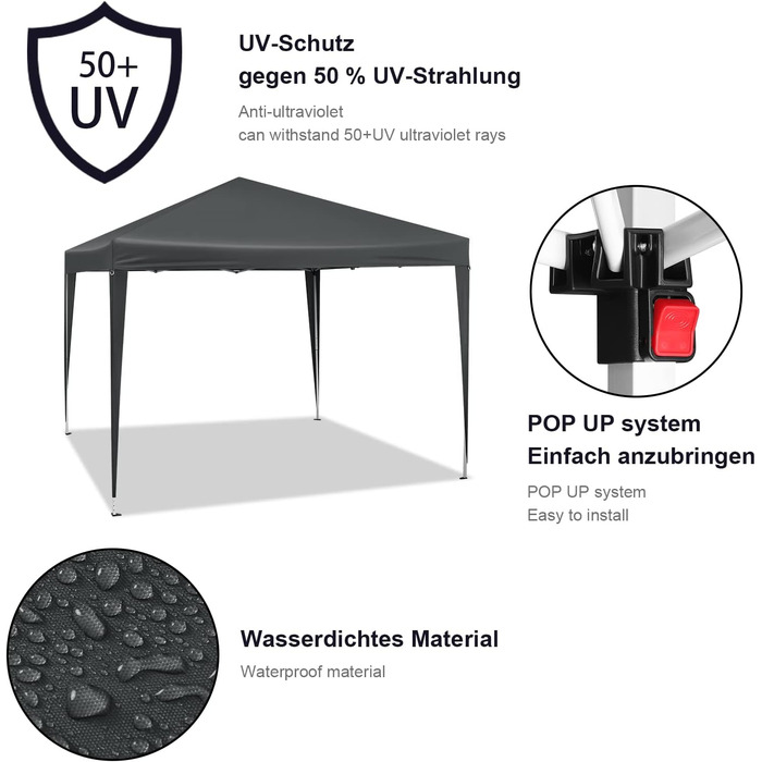WOLTU павільйон-тент Pop-Up, водонепроникний, складний, 3x3 м, металевий каркас, оксфорд, для саду, тераси, кемпінгу, фестивалю, антрацит