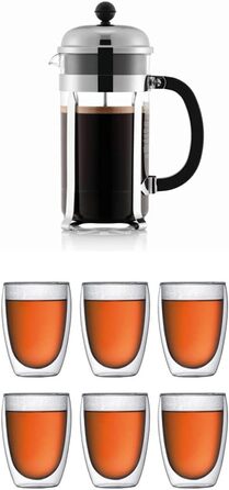 Френч-прес Bodum Chambord 1 л, блискучий + набір склянок Pavina 6 шт, подвійні стінки, 0.35 л, прозорі