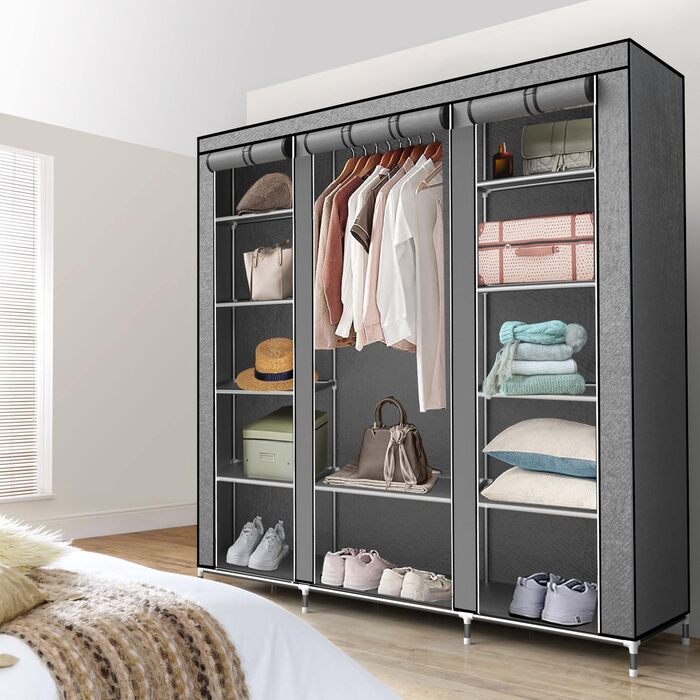 Тканинна шафа INTIRILIFE 150x175x45 см з блискавкою, полицями, штангою та бічною кишенею, для одягу, кемпінгу, сірий