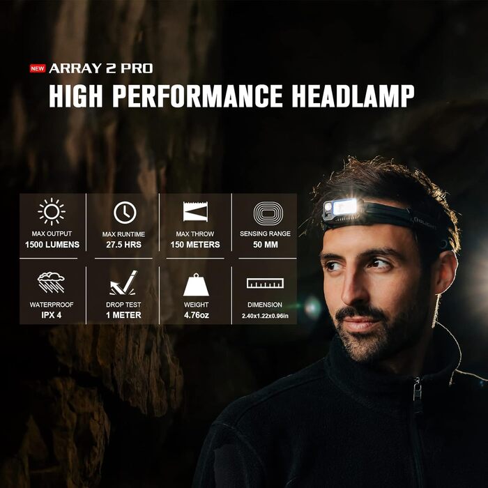 Налобний ліхтар OLIGHT Array 2 Pro з LED, жестовим сенсором, 1500 лм, 150 м, USB-C, акумуляторний, 3 режими з червоним світлом, 60° регулювання, міні-ліхтар, SOS-модуль