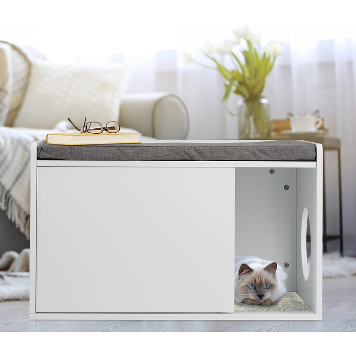 Котячий шафа Relaxdays 2в1 з сидінням, комод і лавка для котячого туалету, біло-сіра, 45,5x75x43 см