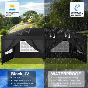 Павільйон намет COBIZI 3x3 м, водонепроникний, зимостійкий, складаний, з UV-захистом 50+, для саду, вечірок, комплект: 8 кілків, 4 вітрових мотузки, щільний тент, чорний, 3x6 м, 6 стінок