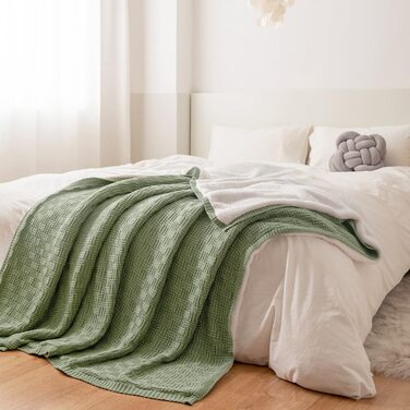 Плед Sherpa з бавовни MH MYLUNE HOME, в'язаний, оливковий, 180x200 см, 660 г/м², тепла флісова ковдра для дивана та ліжка, сертифікат OEKO-TEX, осінь-зима