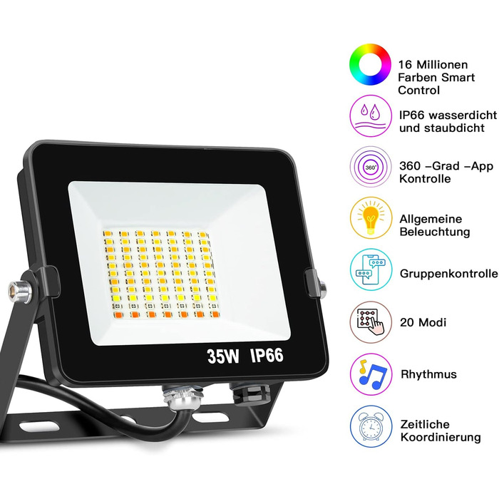Світлодіодний прожектор 35Вт Smart RGB, зміна кольорів, Bluetooth APP керування, IP66, водонепроникний, диміруємий, для декору, саду, ландшафту, сцени, дерево, 2 шт, євровилка
