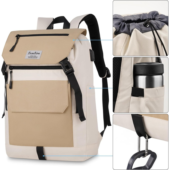 Міський рюкзак YAMTION Rolltop 17 дюймів для ноутбука, універсальний для жінок і чоловіків, підходить для школи, університету, спорту, прогулянок, велосипеду, підлітків, колір кремовий