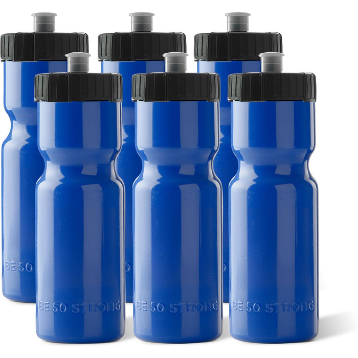 Набір спортивних пляшок 50 Strong, 6 шт, 650 мл, BPA Free, зручна кришка Push/Pull, синя/чорна, для команди