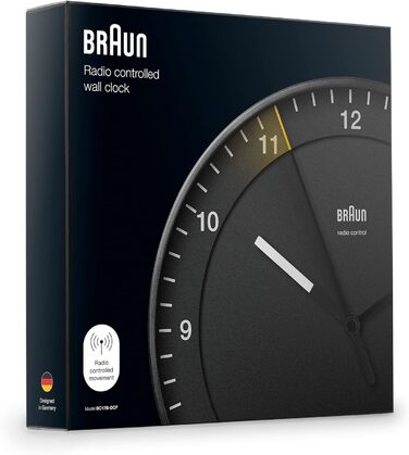 Настінний годинник Braun BC17B-DCF, радіокерований, 30 см, чорний, безшумний механізм, великий циферблат, центральноєвропейський час