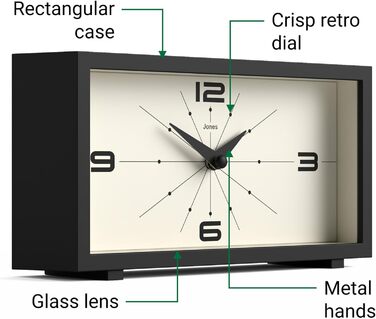 Настільний годинник JONES CLOCKS Odeon чорний, сучасний ретро-дизайн, прямокутний, для полиці, столу, каміну чи тумбочки