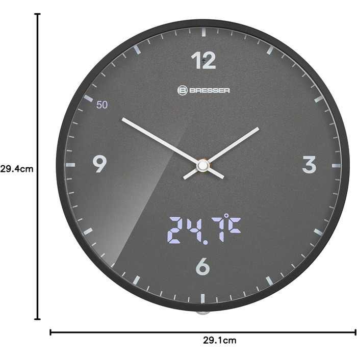 Стінастий годинник Bresser MyTime, 24 см, радіокерований, безшумний, з LED секундною індикацією, вимірюванням температури, сірий
