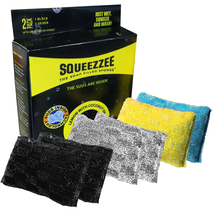 Губки Squeezzee з миючим засобом, двосторонні, стійкі до подряпин, для кухні та дому, 6 шт, до 300 використань