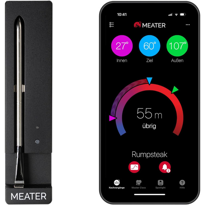 MEATER SE – Бездротовий смарт термометр для м'яса з Bluetooth, вимірюванням внутрішньої та зовнішньої температури, для BBQ, духовки, гриля, коптильні, з чорним зарядним пристроєм