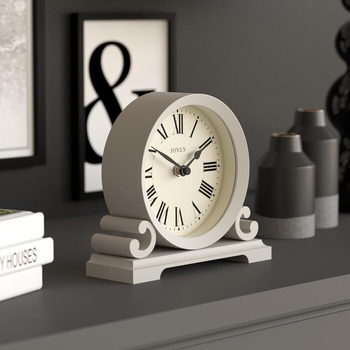 Годинник настільний JONES CLOCKS Saloon, класичний стиль, римські цифри, подвійний скрол, сірий, для столу, полиці чи тумби