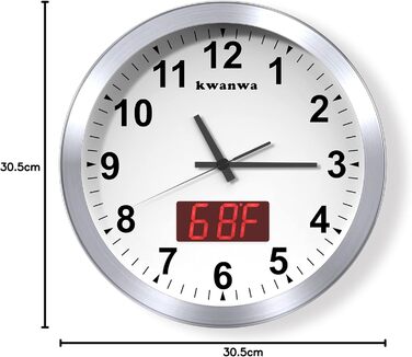 Сучасний настінний годинник KWANWA без тиканя, цифровий LCD/LED дисплей, календар, термометр, на батарейках, 30,5 см, 12-годинний формат, для кухні, спальні та офісу, сріблястий корпус, червоний LED