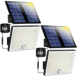 Сонячні LED ліхтарі для вулиці з датчиком руху, 113 LED, водонепроникні, IP65, на стіну, з кабелем 5 м, для гаража, саду, двору, сходів, дверей, газону, 2 шт.