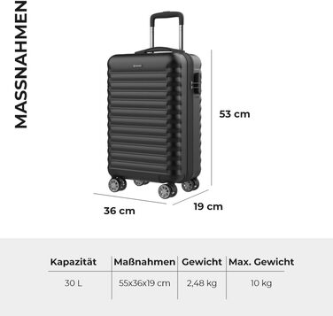 Ручна поклажа валіза Upfly XS 55x36x19 см, 31 л, ABS, 4 подвійні гумові колеса, кодовий замок, роздільник, ремені для фіксації, чорна жорстка оболонка