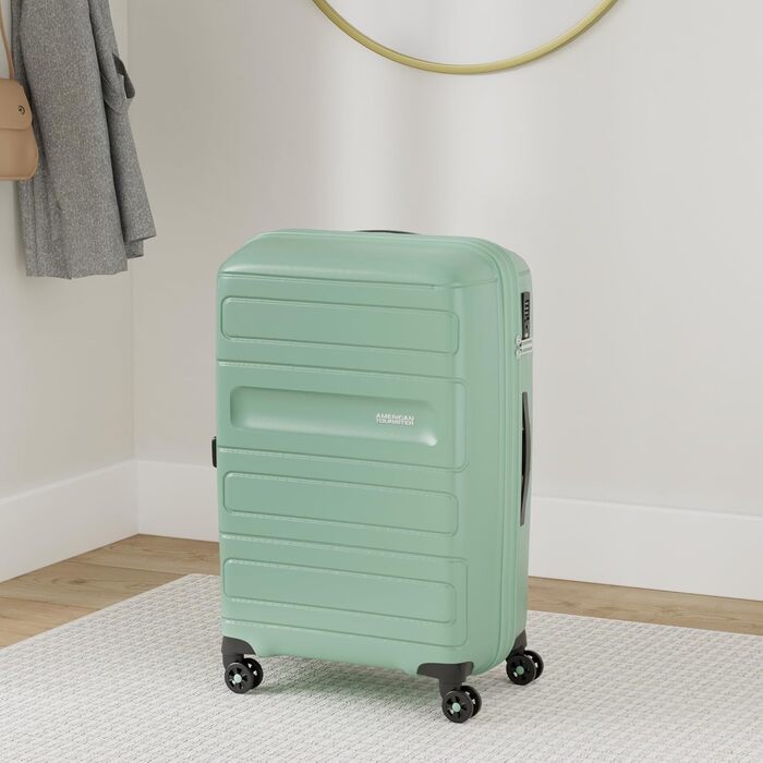 Валіза American Tourister Sunside Spinner 55 см, 35 л, чорна, розширювана, 77-118 л, мінерально-зелена