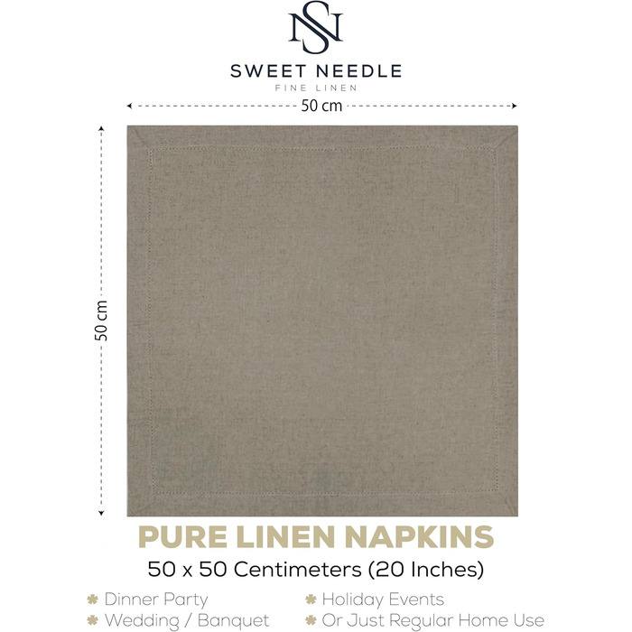 Набір лляних серветок Sweet Needle 12 шт, натуральний льон, 50x50 см, преміум-якість, європейський льон, багаторазові, для кухні, весілля, ресторану та щоденного використання